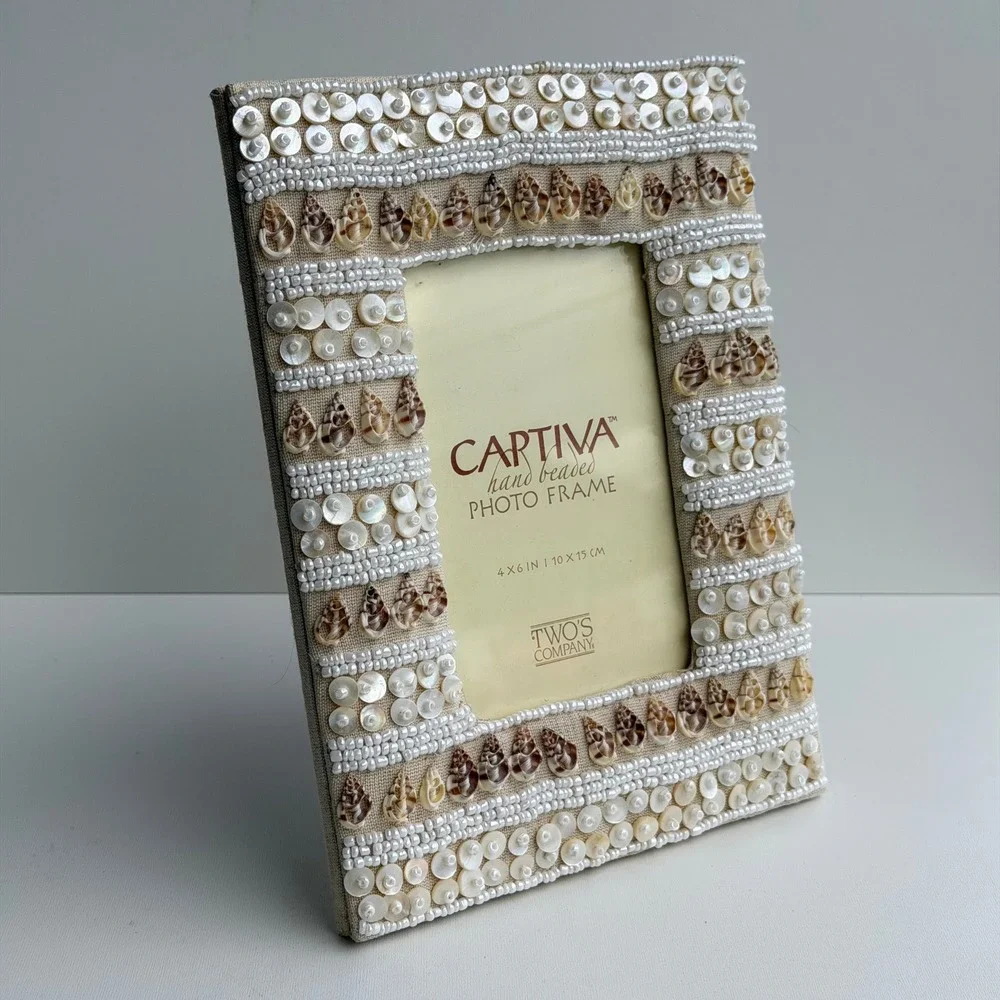 Vintage Captiva Photo Frame 4x6 Cream‎ Boho Chic Whimsy Shell Beaded Linen Beach